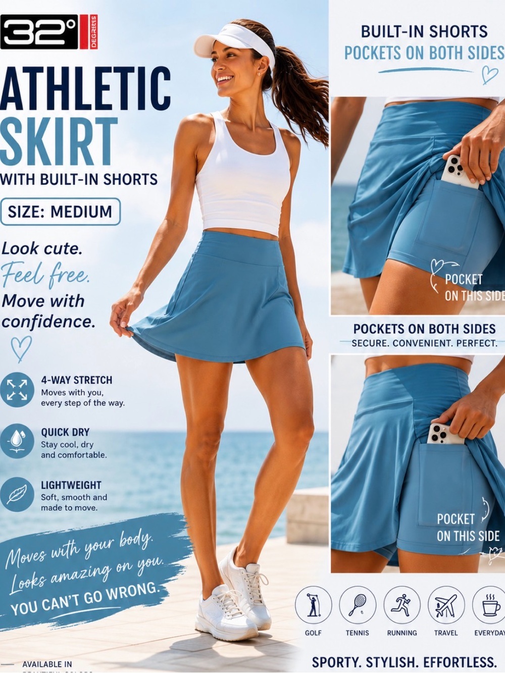 32° Athletic Skirt with Built-In Shorts - Carribean Blue 🏝️